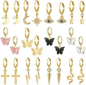 AIDSOTOU Small Butterfly Star Hoop Earrings Set for Women Girls Mini Huggie Hoop Earrings with Dangle Charms