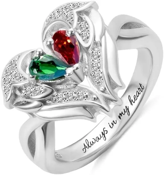 AILIN Custom Heart Angel Wings Two Birthstone Rings 925 Sterling Silver Personalized Inside Engraved Promise Rings Wedding Engagement Jewelry Gifts For Women Mother Girlfriends Wife