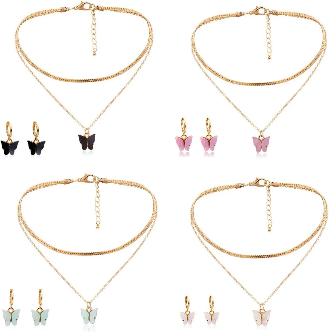 Aimimier Bohemia Layered Butterfly Necklace and Earrings Insect Jewelry Set Boho Prom Party Festival Accessories for Women