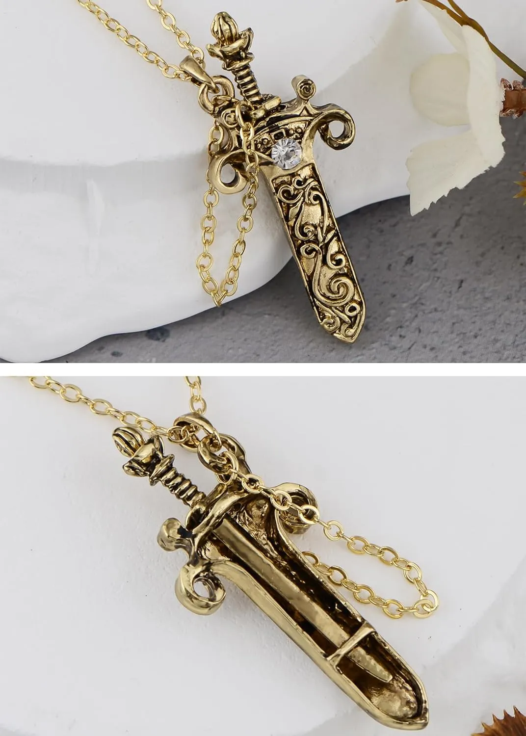 Alilang Antique Fantasy Medieval Renaissance Removable Scabbard Rune Sword Dagger Pendant Necklace