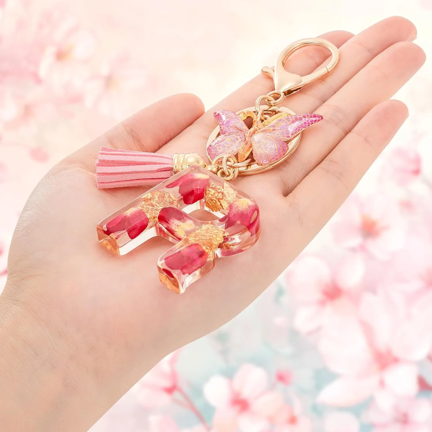 Alphabet Initial Letter Keychain Fashion Key Ring,Alphabet Gold Foil Resin Keyring Charm,Pink Key Chain for Women Gift