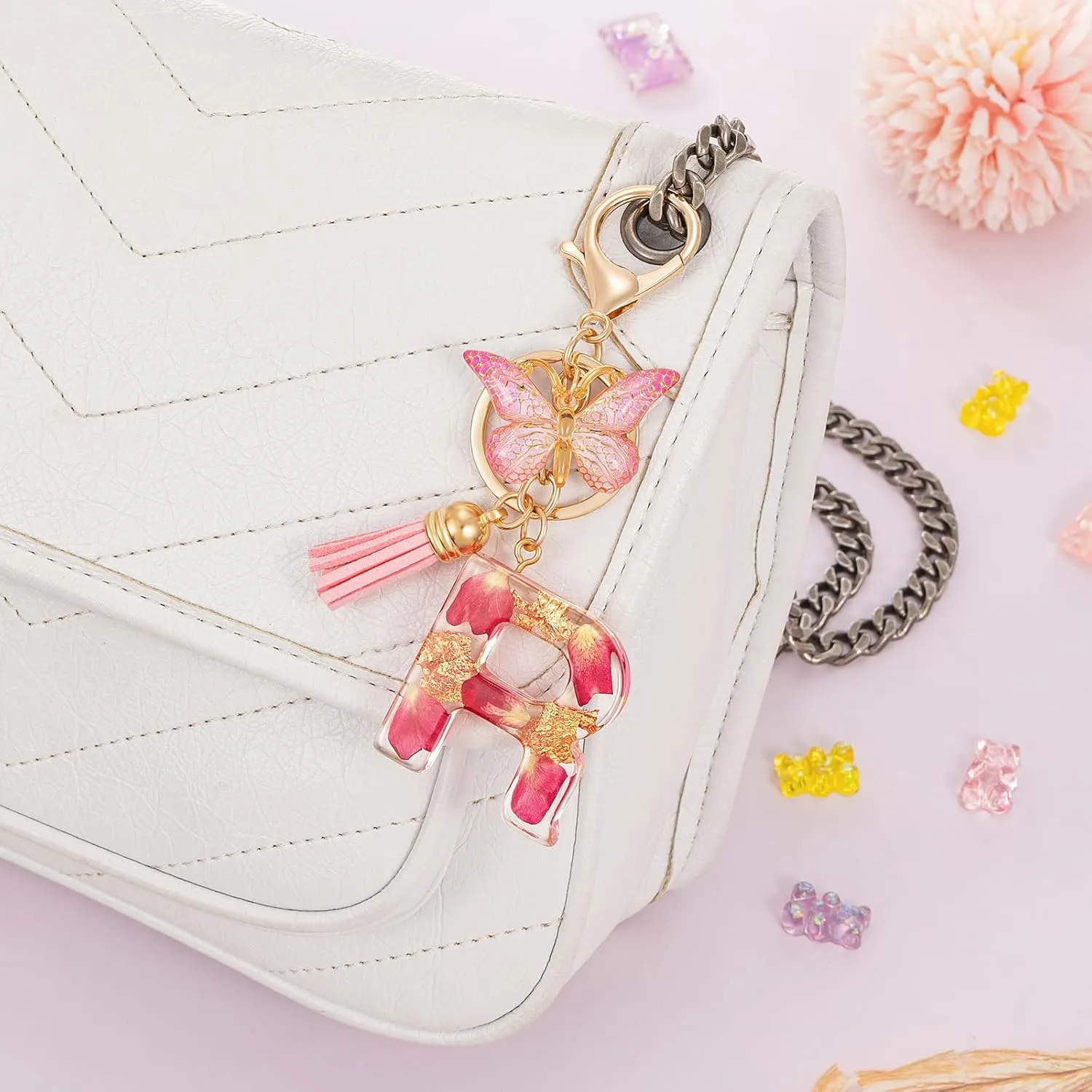 Alphabet Initial Letter Keychain Fashion Key Ring,Alphabet Gold Foil Resin Keyring Charm,Pink Key Chain for Women Gift