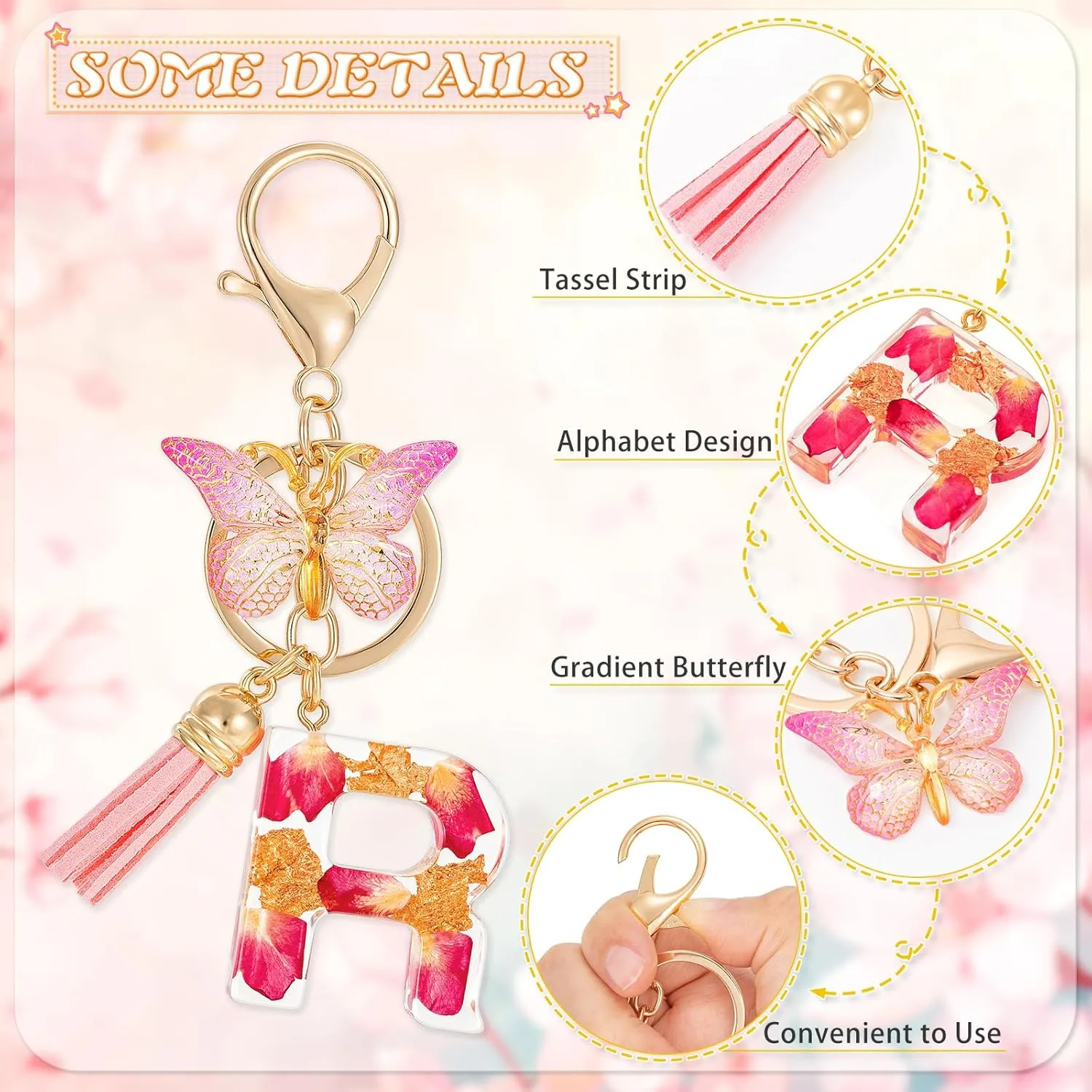 Alphabet Initial Letter Keychain Fashion Key Ring,Alphabet Gold Foil Resin Keyring Charm,Pink Key Chain for Women Gift