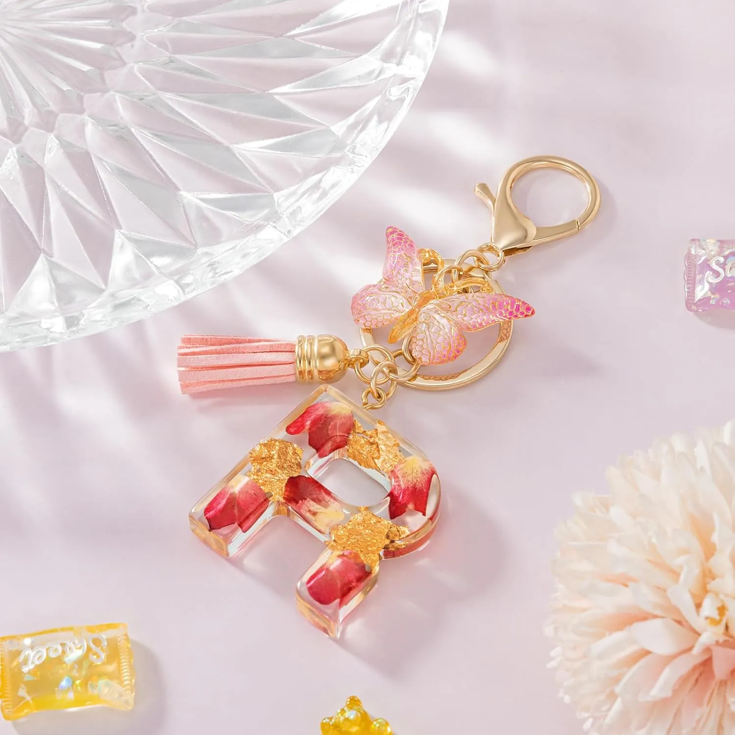 Alphabet Initial Letter Keychain Fashion Key Ring,Alphabet Gold Foil Resin Keyring Charm,Pink Key Chain for Women Gift
