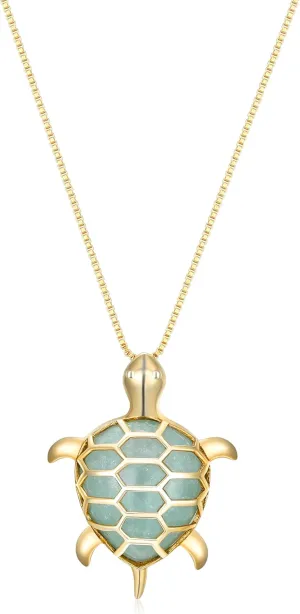 Amazon Essentials womens Yellow 18K Gold Plated Sterling Silver Genuine Green Jade Turtle Pendant Necklace, 18" (previously Amazon Collection)