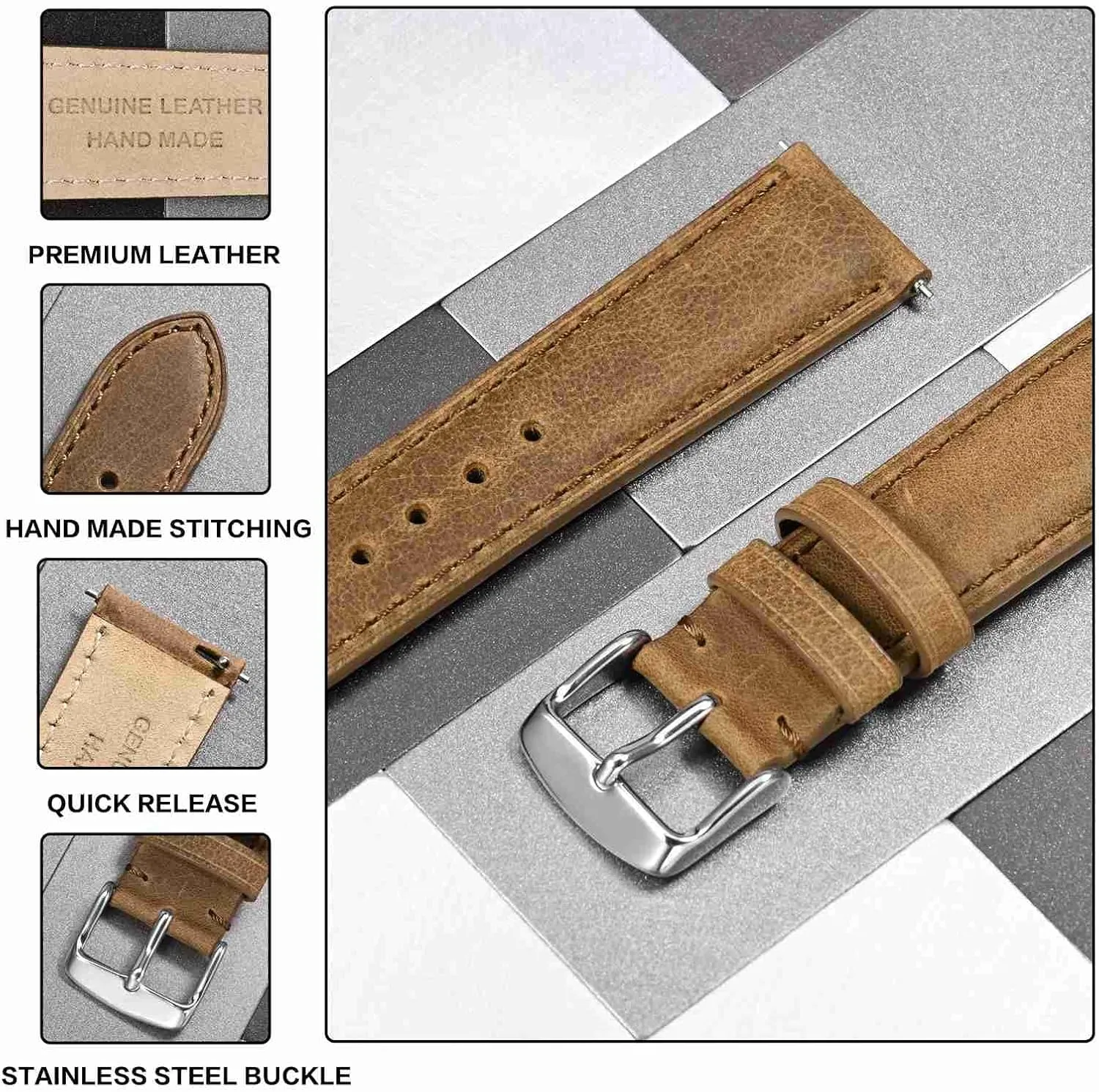 Anbeer Retro Watch Band Quick Release, Crazy Horse Leather Watch Straps for Men and Women, Band Width - 18mm 20mm 22mm 16mm 19mm 24mm