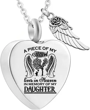 Angel Wing Heart Urn Necklaces for Ashes A PIECE OF MY Dad Mom Daughter Son Papa Cremation Jewelry Keepsake Memorial Pendant for Women Men
