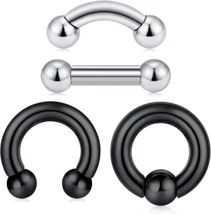 Anicina PA Rings Internally Threaded Circular Barbell Horseshoe Rings Spring Action Captive Bead Ring CBR Curved Barbell Bent Straight Barbell Surgical Steel 2G 4G 6G 8G 10G 12G Body Piercing Jewelry