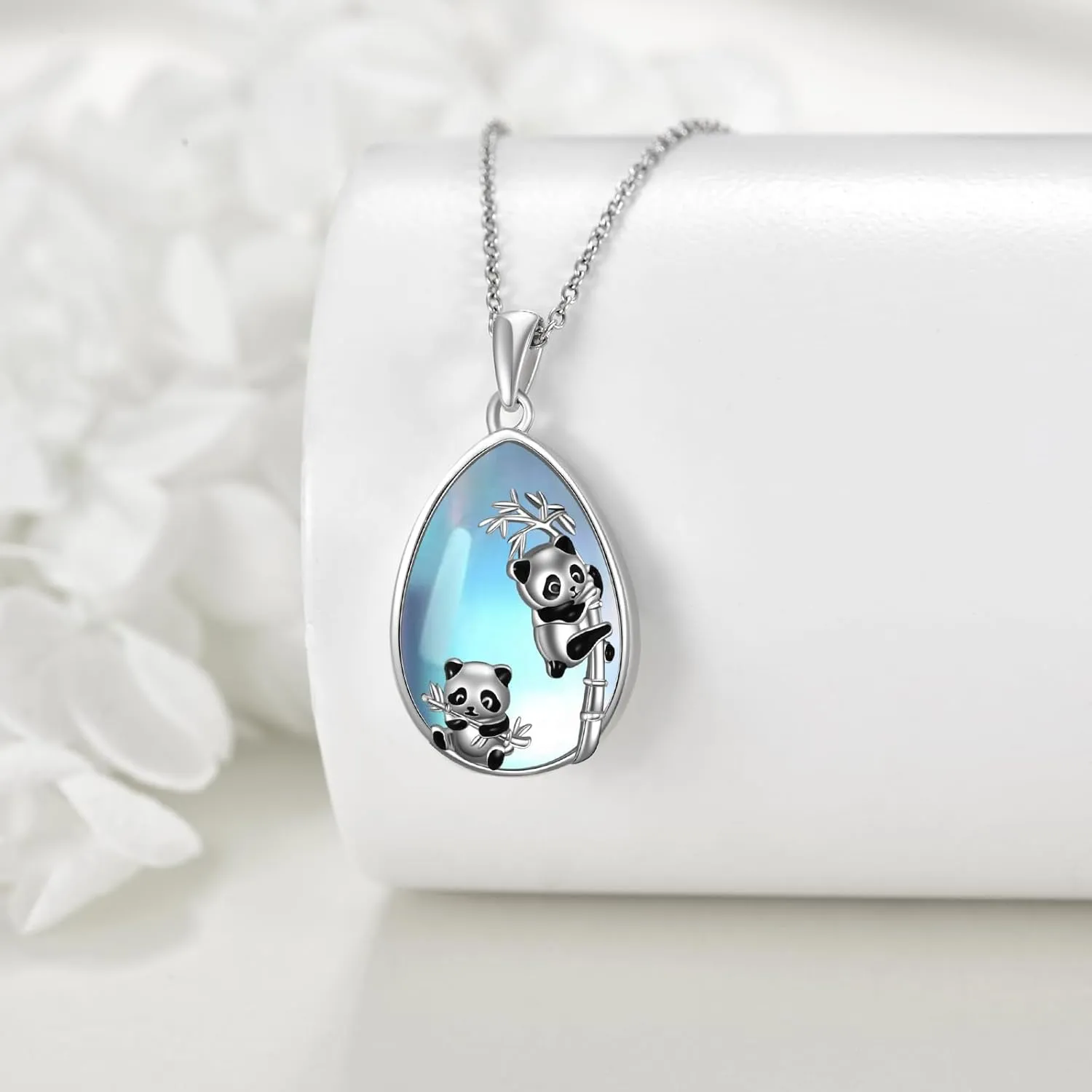 Animals Necklace Sterling Silver Rabbit/Penguin/Frog Pendant Animal Rose Quartz/Moonstone Jewelry Gift for Women