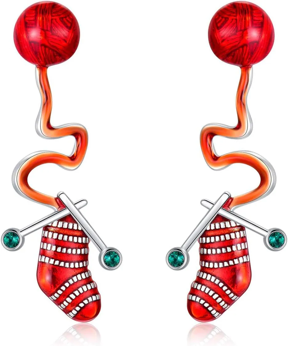 AOBOCO Christmas Earrings for Women 925 Sterling Silver Stocking Dangle Earrings with Simulated Emerald Birthstone Crystal, Christmas Jewelry Gift for Women