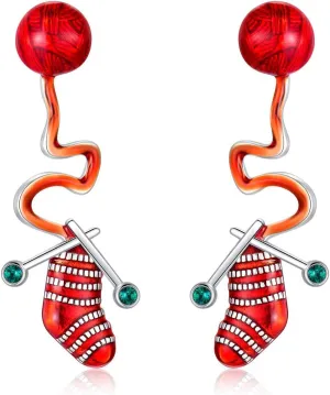 AOBOCO Christmas Earrings for Women 925 Sterling Silver Stocking Dangle Earrings with Simulated Emerald Birthstone Crystal, Christmas Jewelry Gift for Women