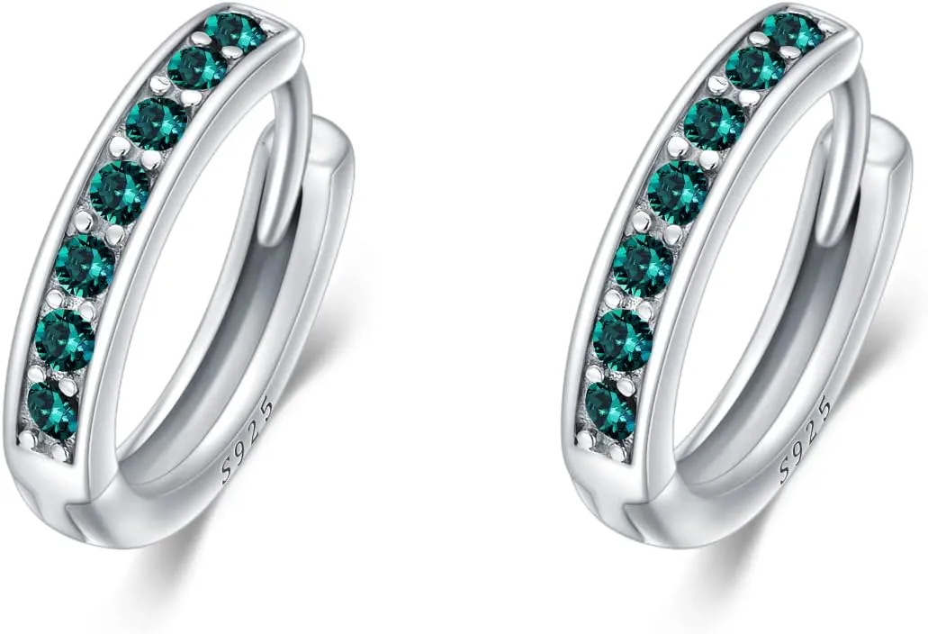 AOBOCO S925 Sterling Silver Birthstone Huggie Small Hoop Earrings for Women Girls Teens, Made with Cubic Zirconia and Austrian Crystals