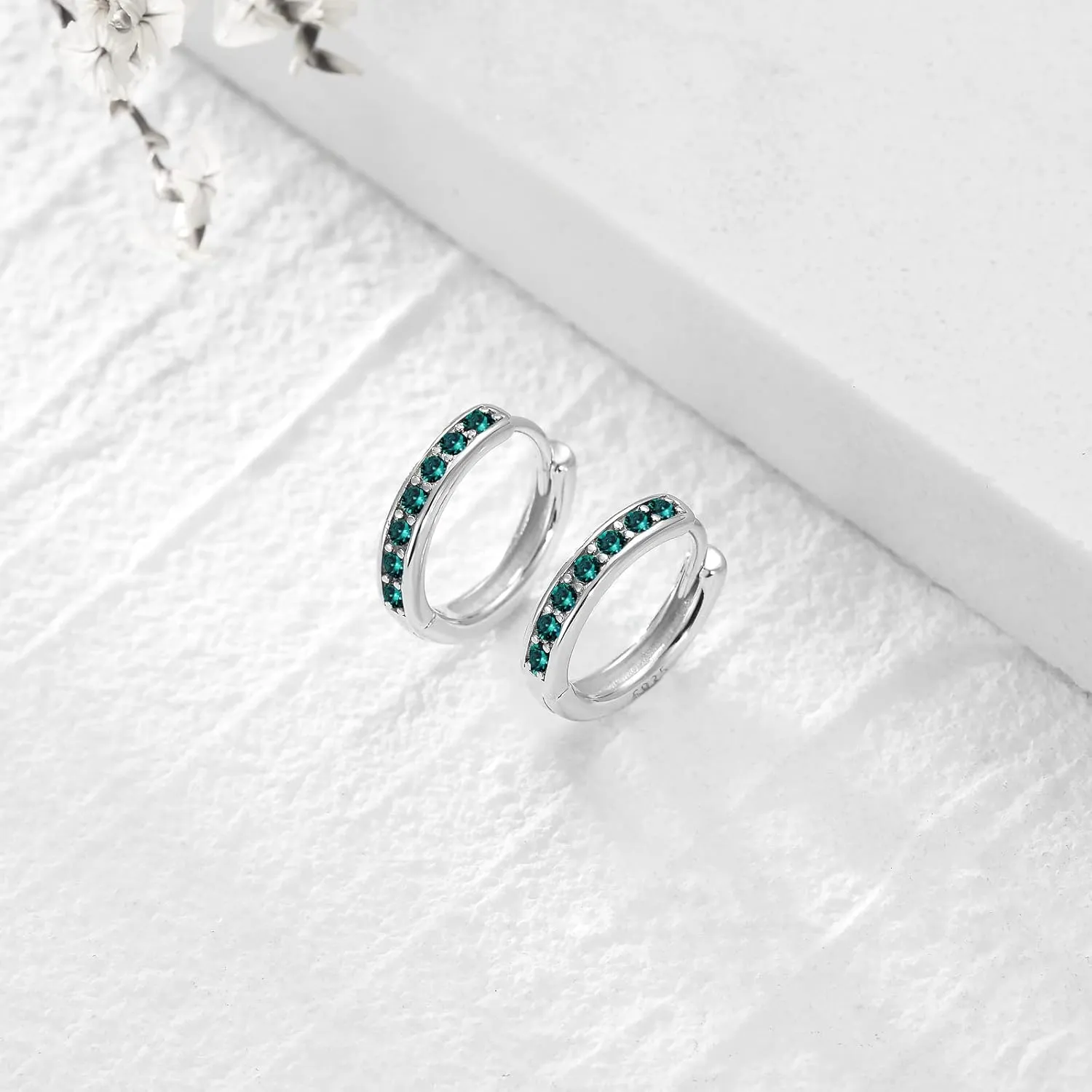AOBOCO S925 Sterling Silver Birthstone Huggie Small Hoop Earrings for Women Girls Teens, Made with Cubic Zirconia and Austrian Crystals