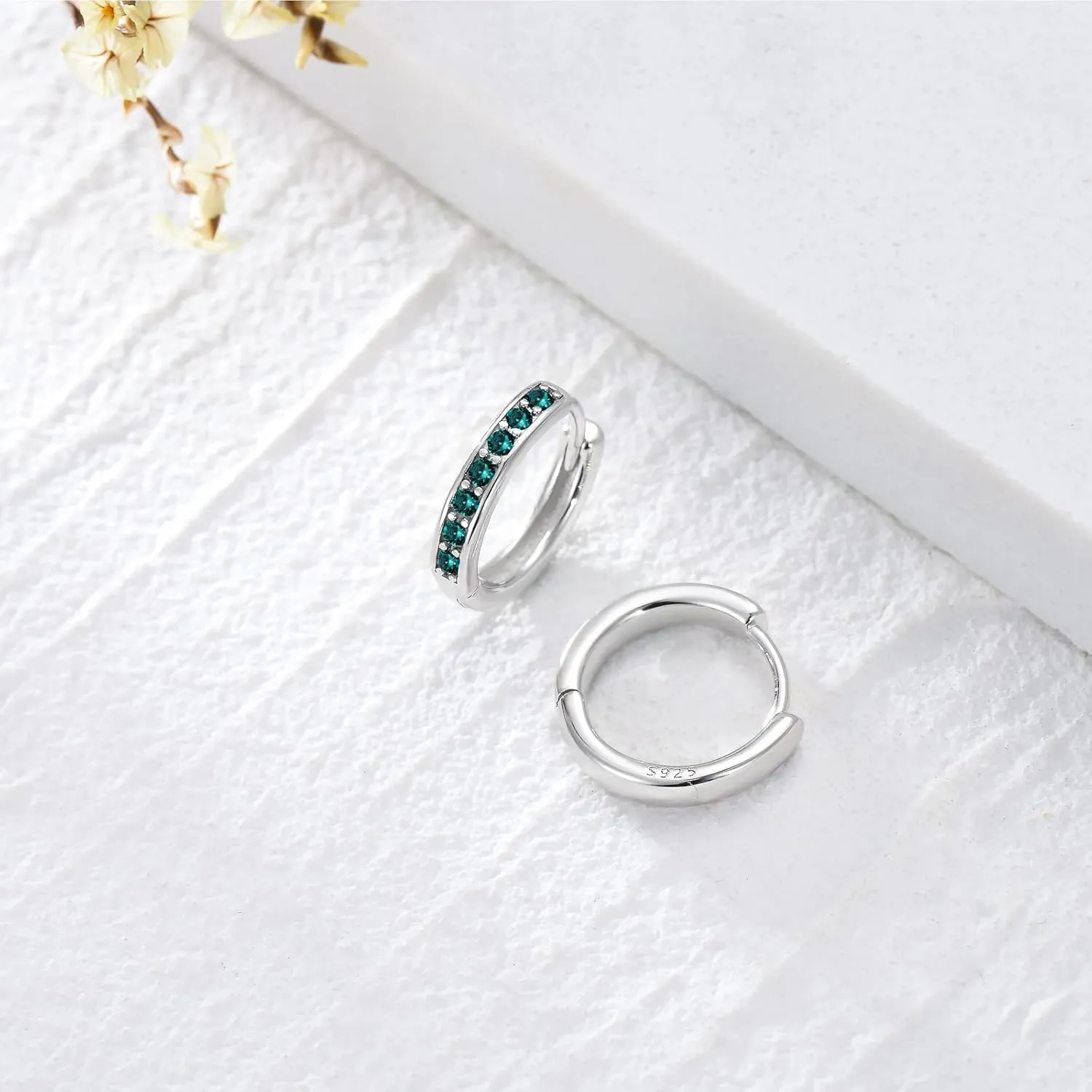 AOBOCO S925 Sterling Silver Birthstone Huggie Small Hoop Earrings for Women Girls Teens, Made with Cubic Zirconia and Austrian Crystals