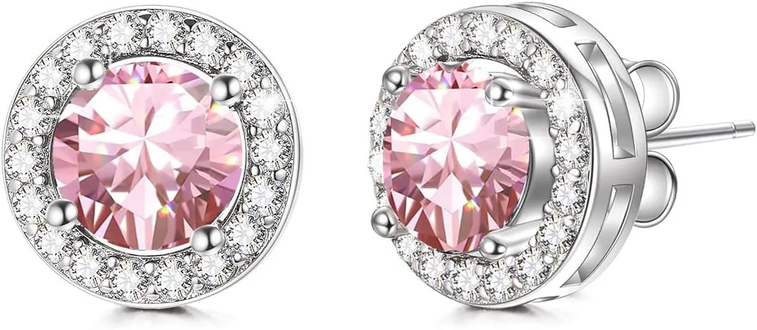 AOBOCO Sterling Silver Halo Earrings with 12 Birthstone Austrian Crystals, Hypoallergenic Stud Earrings for Women, Perfect for Anniversary Birthday Wedding Christmas, Beautiful Jewelry Gift for Her