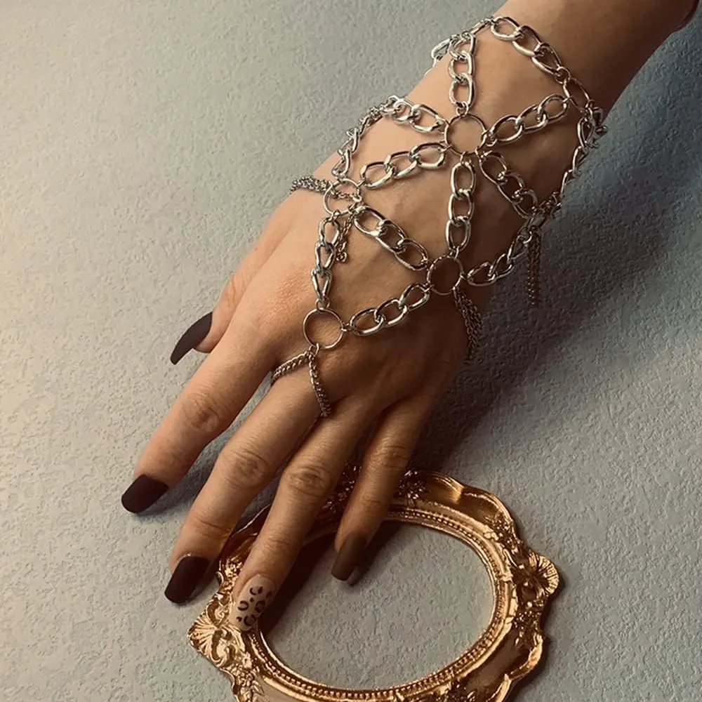 Asphire Gothic Metal Bracelet with Finger Ring Chain Tassel Braided Mesh Punk Slave Bracelet for Festival Costume Hand Jewelry