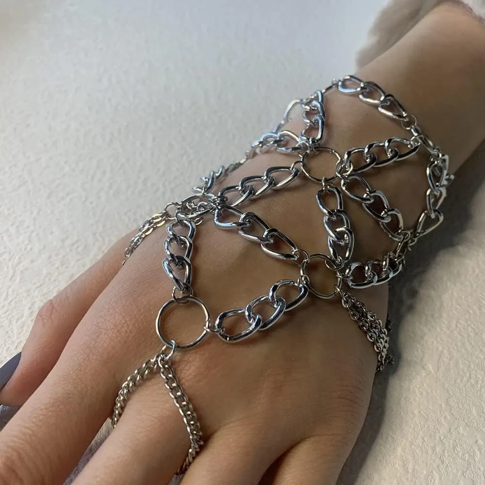 Asphire Gothic Metal Bracelet with Finger Ring Chain Tassel Braided Mesh Punk Slave Bracelet for Festival Costume Hand Jewelry