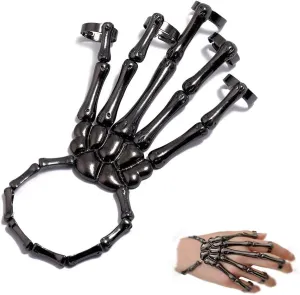 Asphire Gothic Skull Bracelet with Finger Rings Exaggerate Skeleton Hand Harness Slave Bracelet Punk Ghost Claw Ornaments Finger Skeleton Accessories for Festival Cosplay Costume (Black)