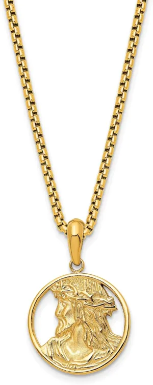 Avariah Chisel Stainless Steel Polished Yellow IP-plated Jesus Pendant on a Box Chain Necklace - 22"