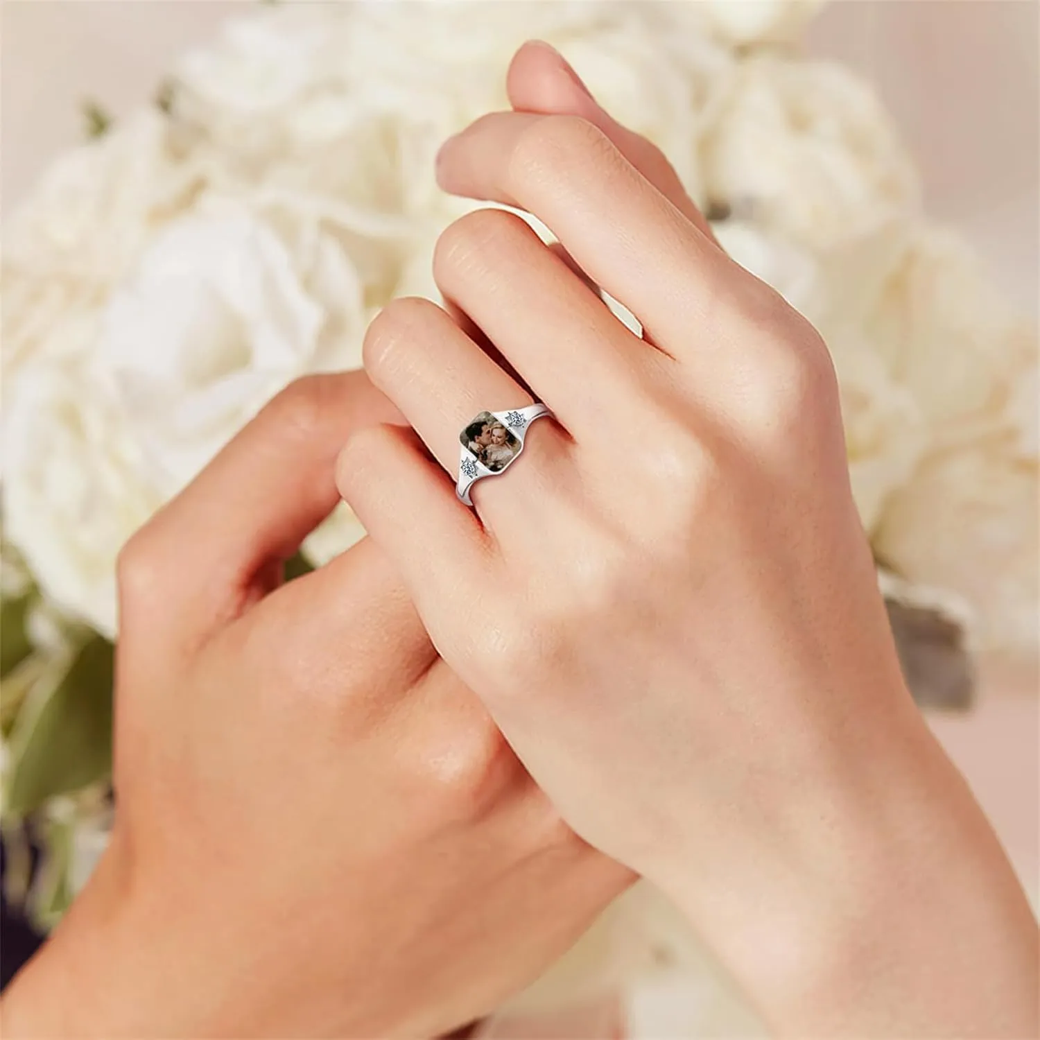 BAUMA AUTO 925 Sterling Silver Custom Photo Ring Personalized Birthstone Rings for Women Customized Picture Ring Memorial Jewelry Gift for Her