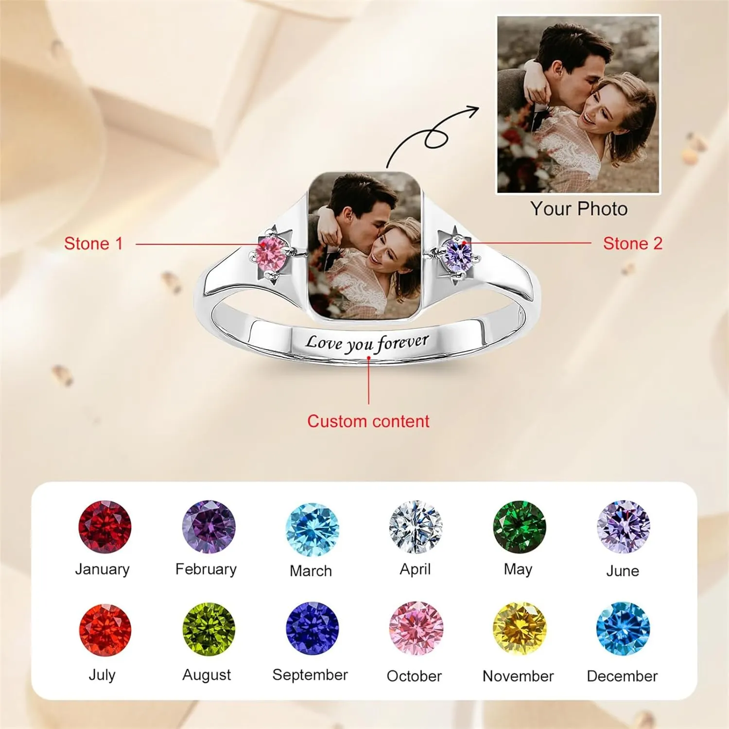 BAUMA AUTO 925 Sterling Silver Custom Photo Ring Personalized Birthstone Rings for Women Customized Picture Ring Memorial Jewelry Gift for Her