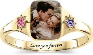BAUMA AUTO 925 Sterling Silver Custom Photo Ring Personalized Birthstone Rings for Women Customized Picture Ring Memorial Jewelry Gift for Her