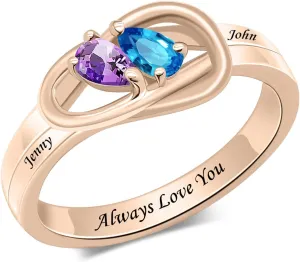 BAUMA AUTO 925 Sterling Silver Personalized Couple Rings with 2 Birthstones Custom Promise Ring with Names for Women Engraving Engagement Ring for Wife Valentines Day Gifts for Her
