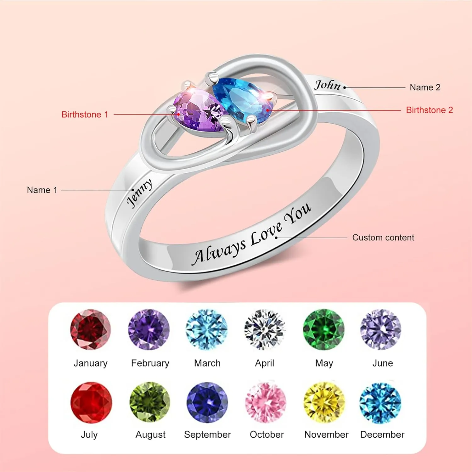 BAUMA AUTO 925 Sterling Silver Personalized Couple Rings with 2 Birthstones Custom Promise Ring with Names for Women Engraving Engagement Ring for Wife Valentines Day Gifts for Her