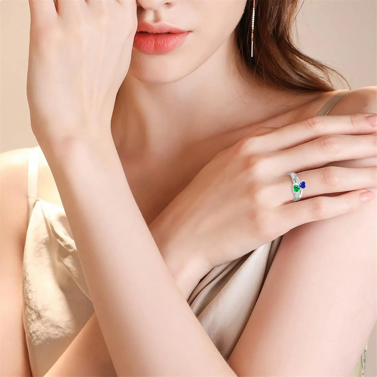 BAUMA AUTO Personalized Couple Rings with 2 Birthstones in Sterling Silver Custom Promise Ring with Names for Women Free Engraving Engagement Ring for Wife Valentines Day Gifts for Girlfriend