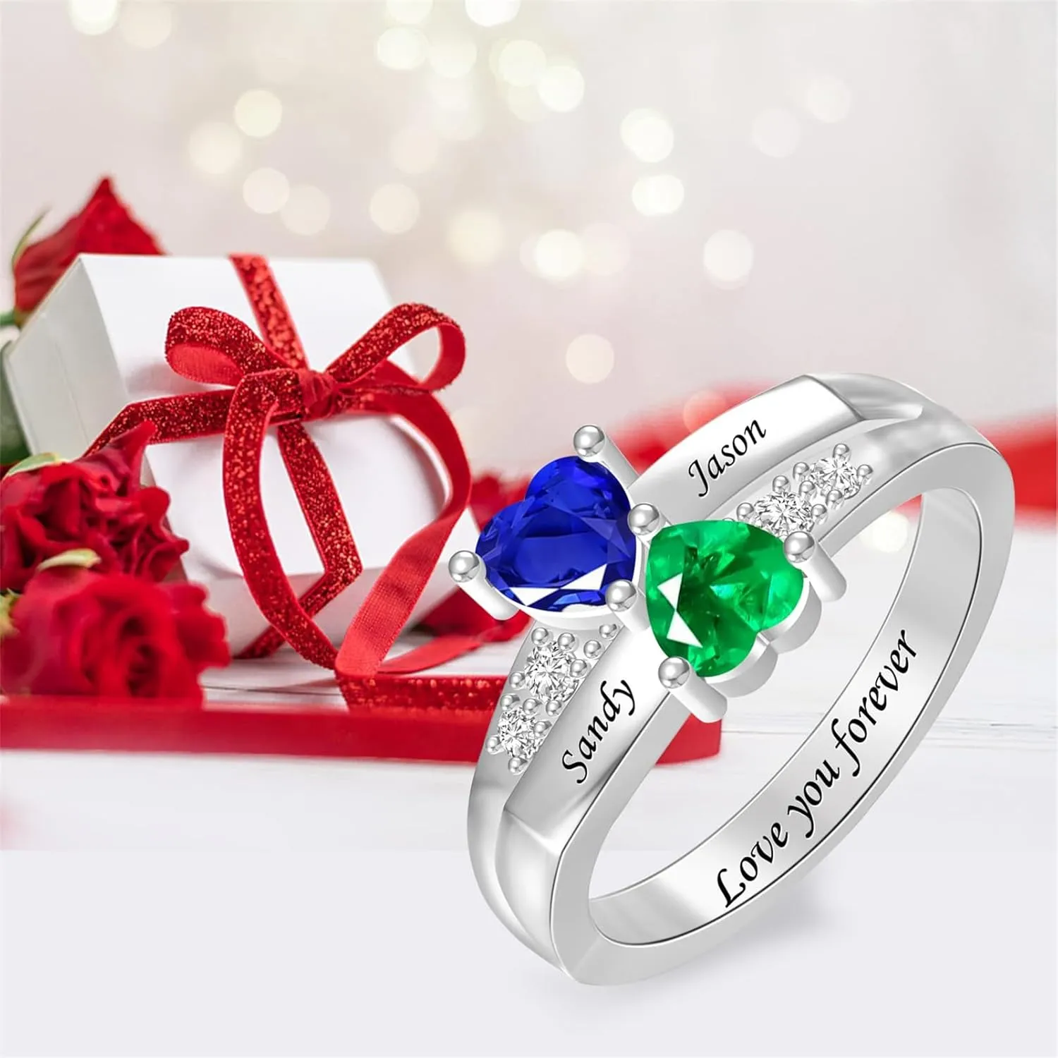 BAUMA AUTO Personalized Couple Rings with 2 Birthstones in Sterling Silver Custom Promise Ring with Names for Women Free Engraving Engagement Ring for Wife Valentines Day Gifts for Girlfriend