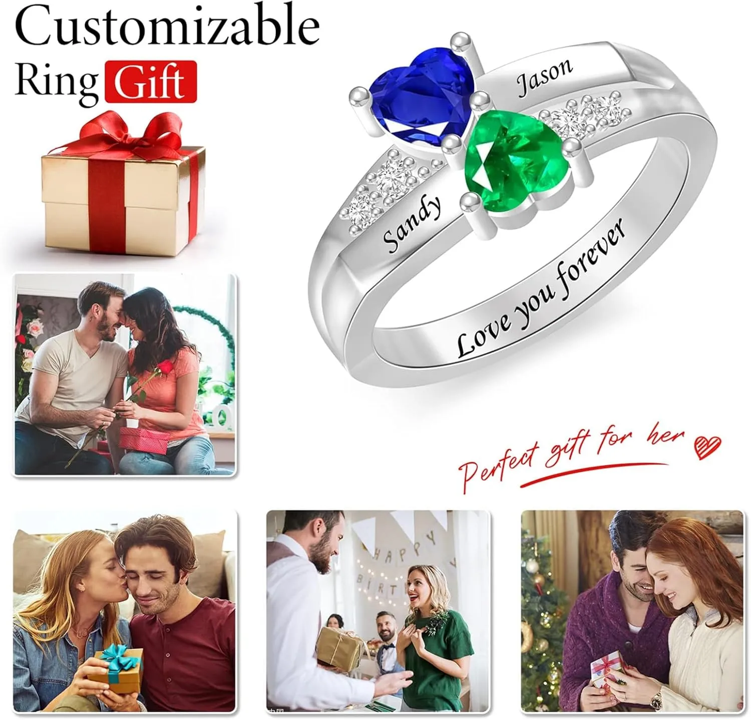 BAUMA AUTO Personalized Couple Rings with 2 Birthstones in Sterling Silver Custom Promise Ring with Names for Women Free Engraving Engagement Ring for Wife Valentines Day Gifts for Girlfriend