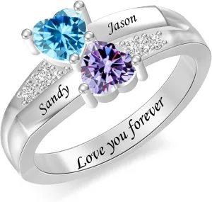 BAUMA AUTO Personalized Couple Rings with 2 Birthstones in Sterling Silver Custom Promise Ring with Names for Women Free Engraving Engagement Ring for Wife Valentines Day Gifts for Girlfriend