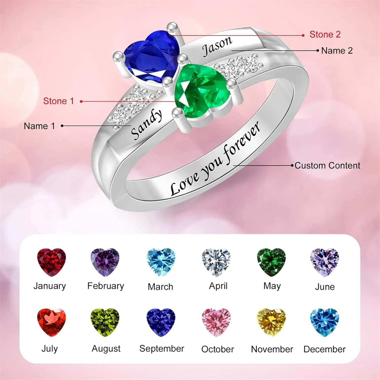 BAUMA AUTO Personalized Couple Rings with 2 Birthstones in Sterling Silver Custom Promise Ring with Names for Women Free Engraving Engagement Ring for Wife Valentines Day Gifts for Girlfriend