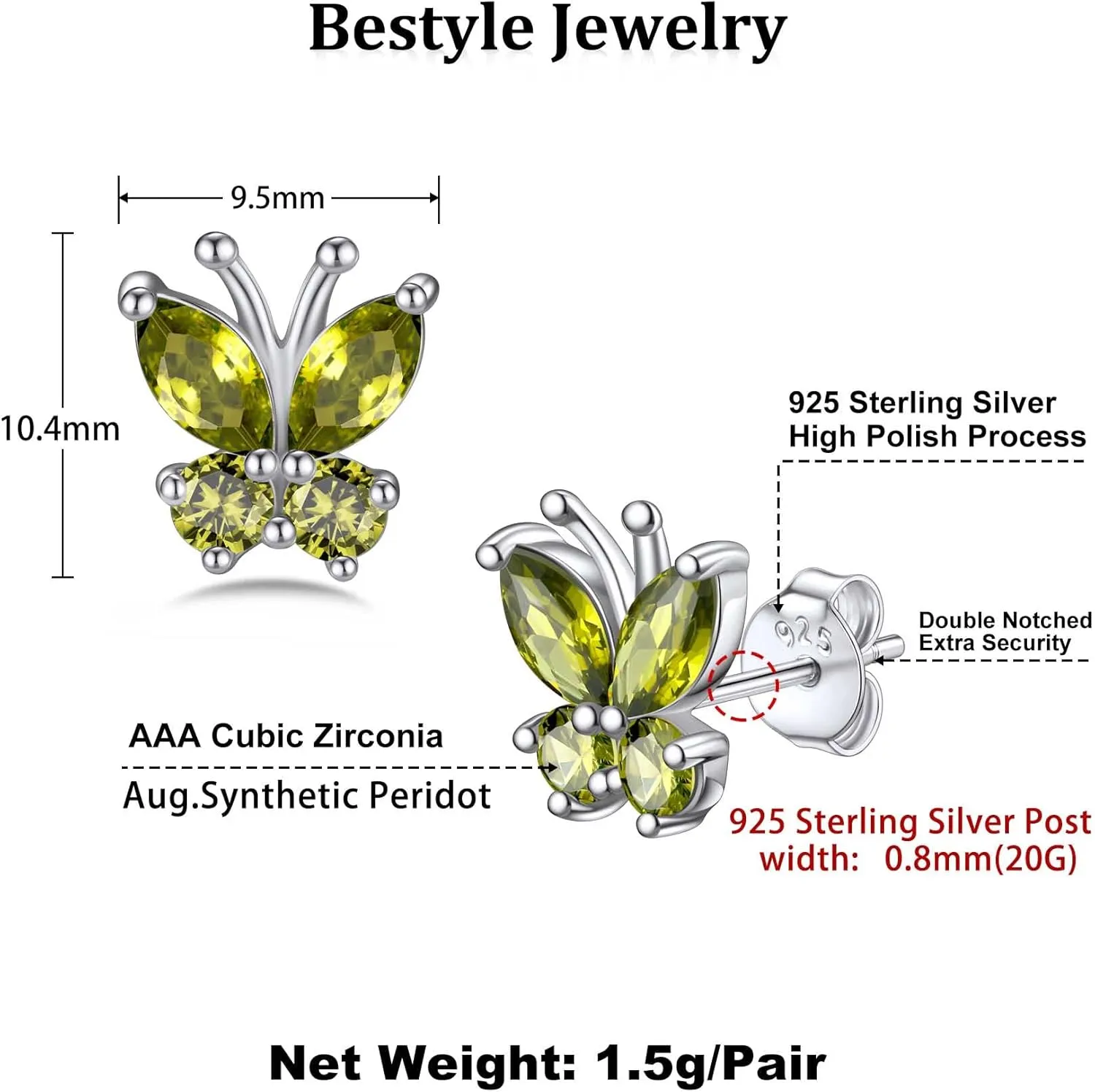 Bestyle Sterling Silver Butterfly Earrings for Women, Dainty Cute Birthstone Studs Hypoallergenic Jewelry, Great Birthday Gift