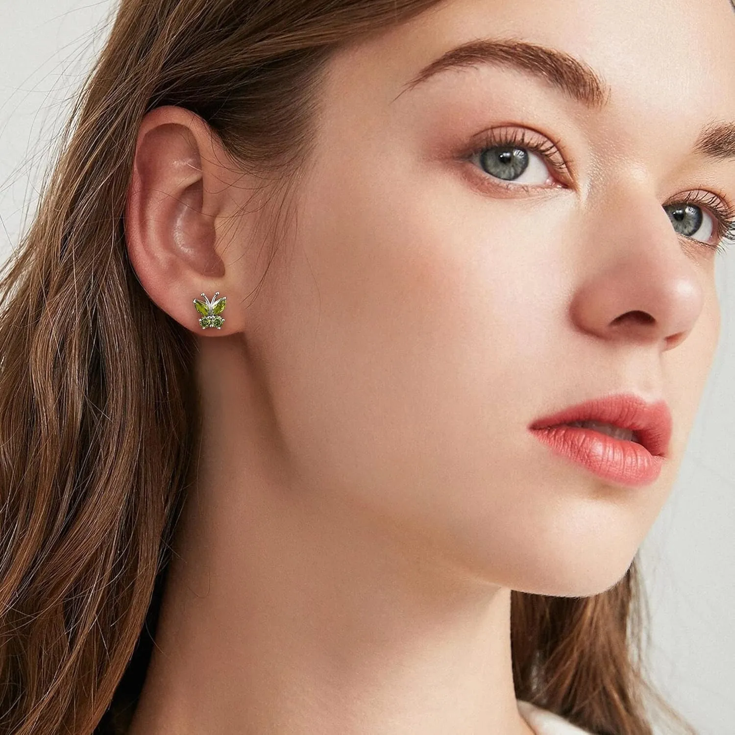 Bestyle Sterling Silver Butterfly Earrings for Women, Dainty Cute Birthstone Studs Hypoallergenic Jewelry, Great Birthday Gift