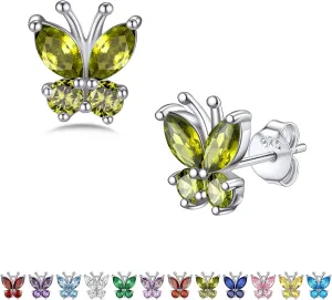 Bestyle Sterling Silver Butterfly Earrings for Women, Dainty Cute Birthstone Studs Hypoallergenic Jewelry, Great Birthday Gift