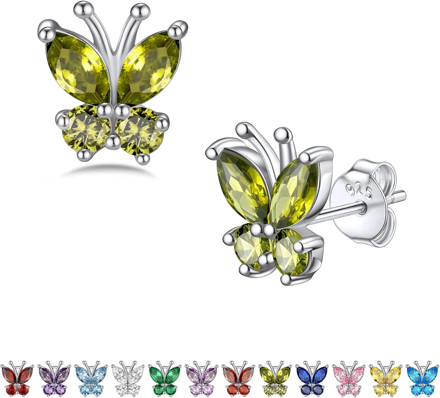 Bestyle Sterling Silver Butterfly Earrings for Women, Dainty Cute Birthstone Studs Hypoallergenic Jewelry, Great Birthday Gift