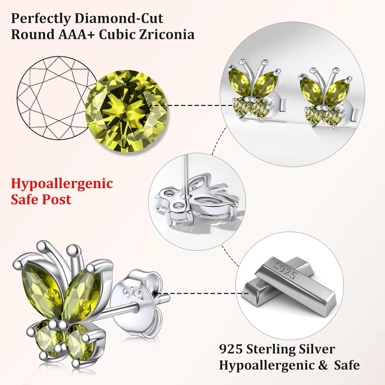 Bestyle Sterling Silver Butterfly Earrings for Women, Dainty Cute Birthstone Studs Hypoallergenic Jewelry, Great Birthday Gift