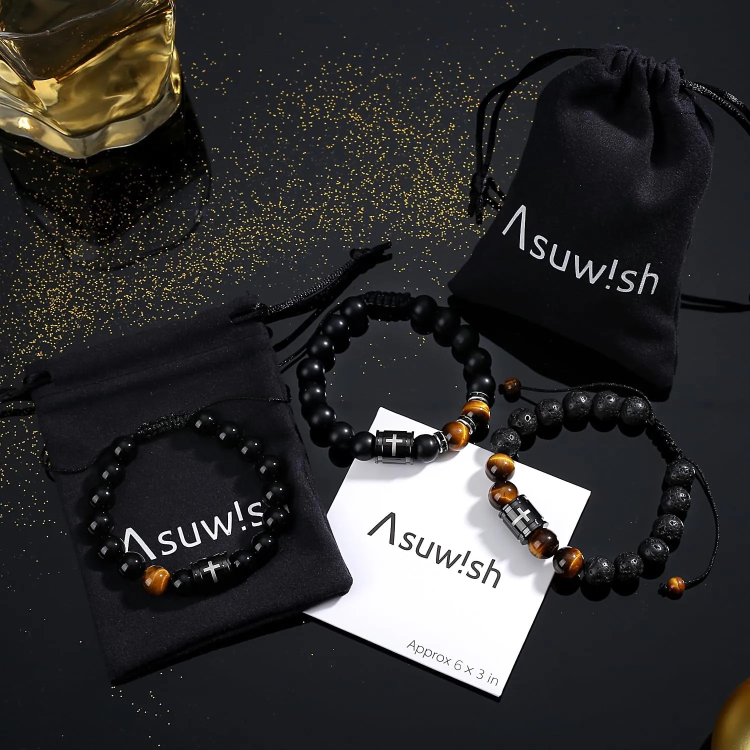 Bible Verse Cross Bracelets for Men Handmade 10mm Natural Black Onyx, Lava Rock Stone, Tiger Eyes and Black Matte Agate Bead Braided Rope Meaningful Gifts Bracelet for Men Father Boyfriends Husband