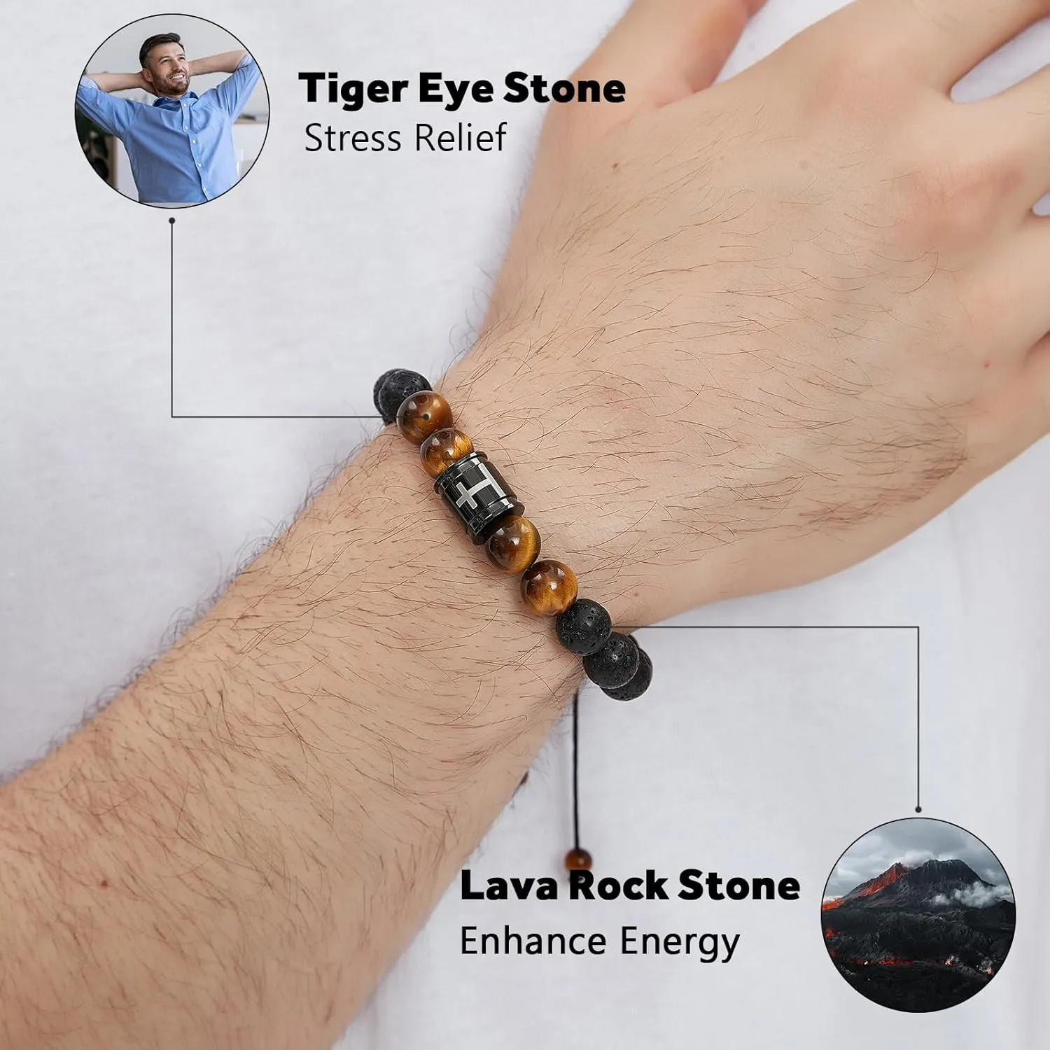 Bible Verse Cross Bracelets for Men Handmade 10mm Natural Black Onyx, Lava Rock Stone, Tiger Eyes and Black Matte Agate Bead Braided Rope Meaningful Gifts Bracelet for Men Father Boyfriends Husband