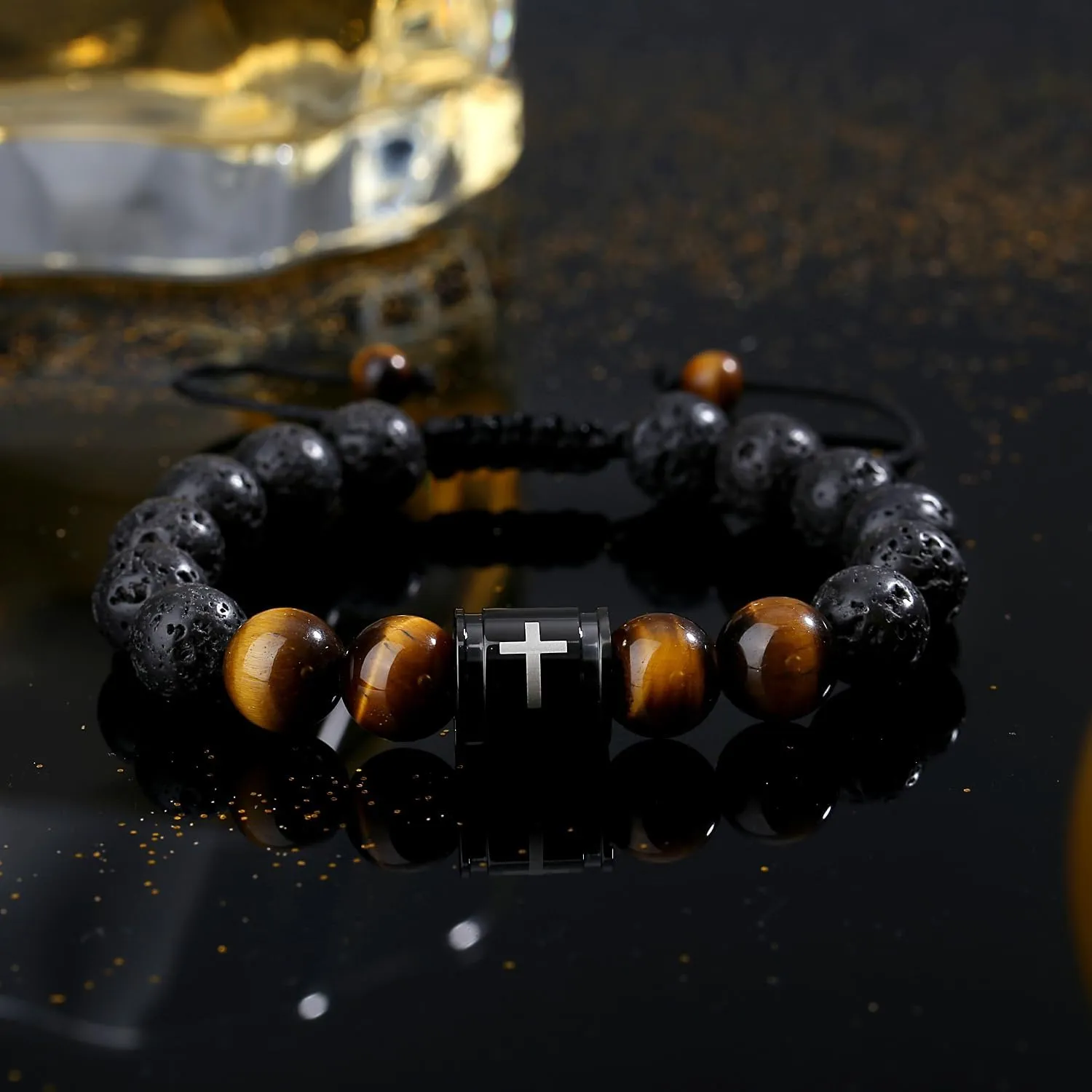 Bible Verse Cross Bracelets for Men Handmade 10mm Natural Black Onyx, Lava Rock Stone, Tiger Eyes and Black Matte Agate Bead Braided Rope Meaningful Gifts Bracelet for Men Father Boyfriends Husband