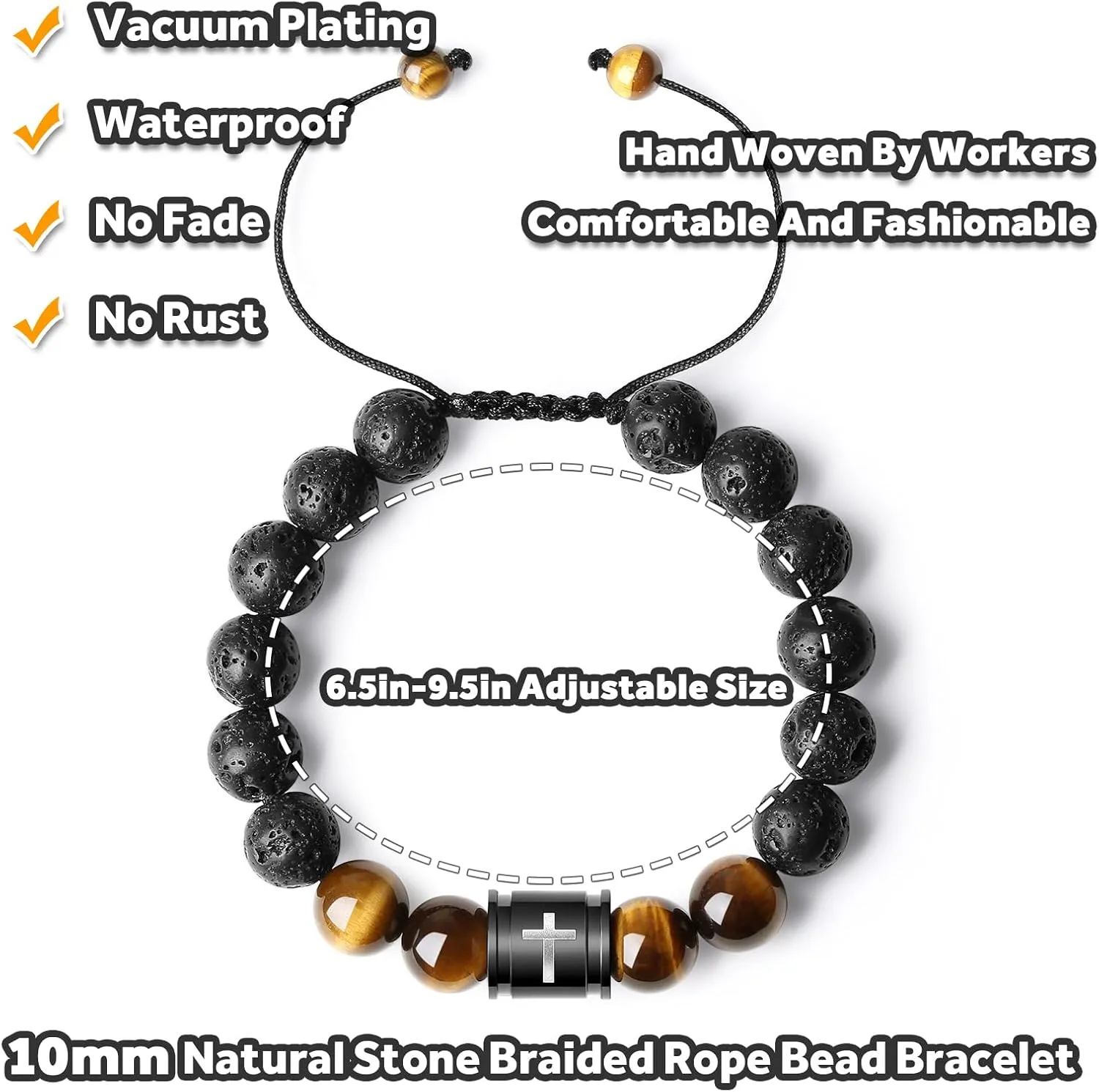 Bible Verse Cross Bracelets for Men Handmade 10mm Natural Black Onyx, Lava Rock Stone, Tiger Eyes and Black Matte Agate Bead Braided Rope Meaningful Gifts Bracelet for Men Father Boyfriends Husband
