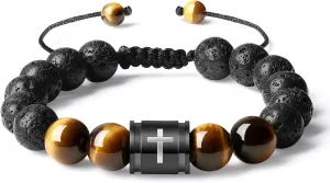 Bible Verse Cross Bracelets for Men Handmade 10mm Natural Black Onyx, Lava Rock Stone, Tiger Eyes and Black Matte Agate Bead Braided Rope Meaningful Gifts Bracelet for Men Father Boyfriends Husband