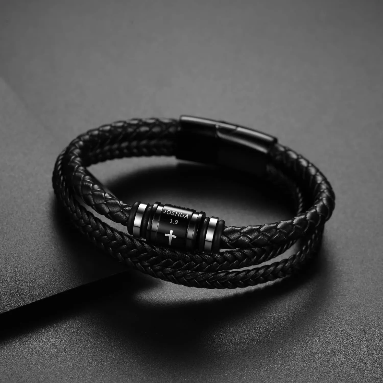 Bible Verse Cross Bracelets for Men Multi-Layer Braided Leather Wristband Bracelet with Stainless Steel Clasp Wrist Cuff Bangle for Men Christmas Birthday Gifts