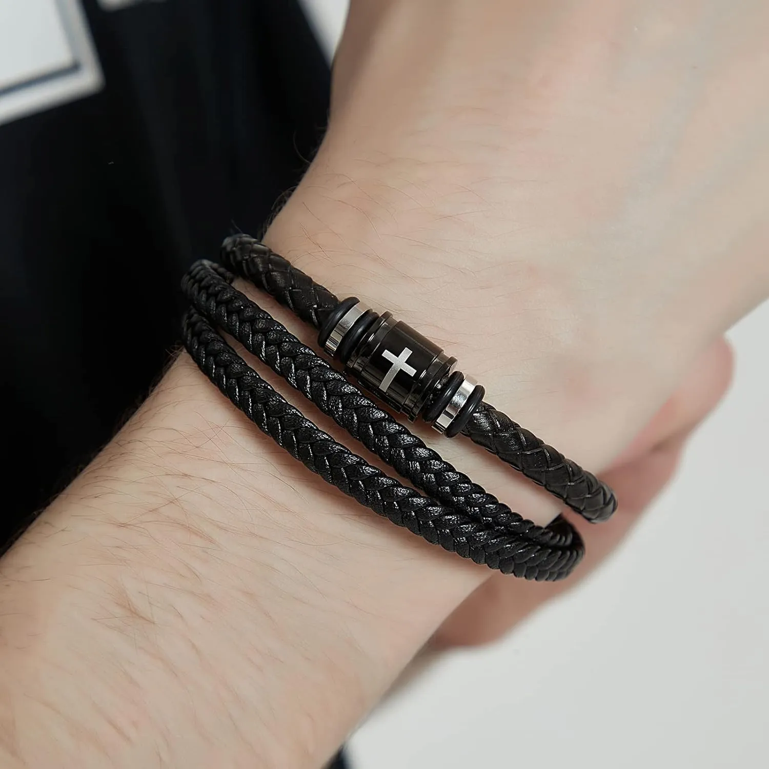 Bible Verse Cross Bracelets for Men Multi-Layer Braided Leather Wristband Bracelet with Stainless Steel Clasp Wrist Cuff Bangle for Men Christmas Birthday Gifts