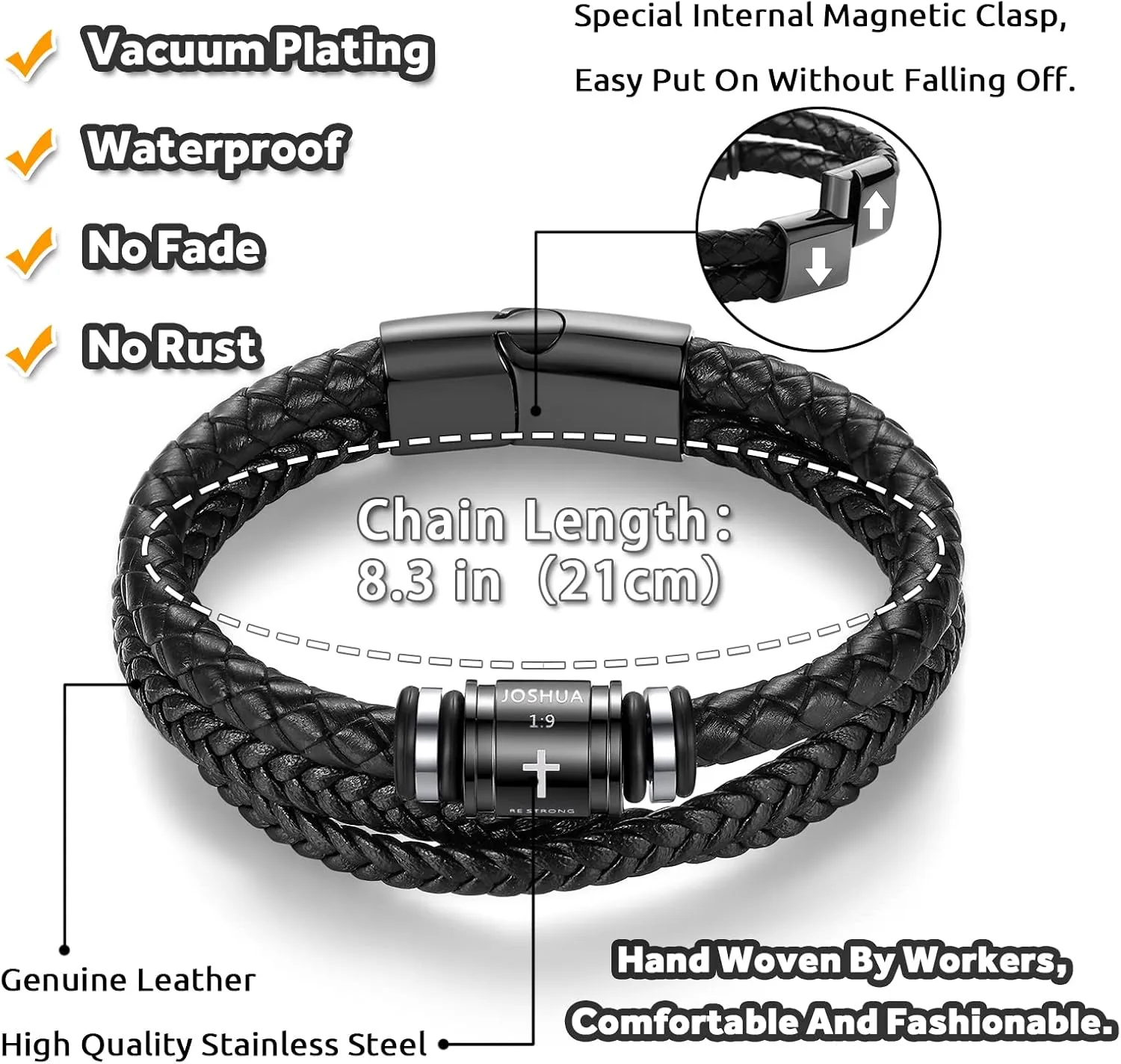 Bible Verse Cross Bracelets for Men Multi-Layer Braided Leather Wristband Bracelet with Stainless Steel Clasp Wrist Cuff Bangle for Men Christmas Birthday Gifts