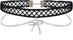 Black Lace Choker Necklace for Women with Rhinestone Bow Pendant Choker Necklace, Double Layer Gothic Lace and Chain Choker, Adjustable 34.2 5cm, Lightweight 10.2g Statement Jewelry for Women