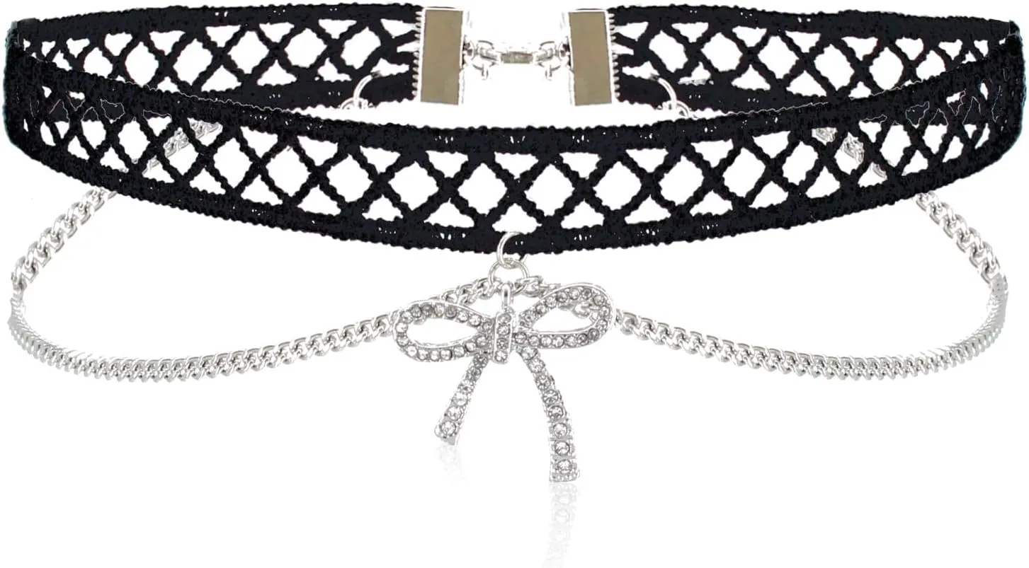 Black Lace Choker Necklace for Women with Rhinestone Bow Pendant Choker Necklace, Double Layer Gothic Lace and Chain Choker, Adjustable 34.2 5cm, Lightweight 10.2g Statement Jewelry for Women