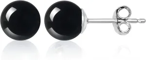 Black Obsidian Stud Earrings in Silver Silver, Black Stud Earrings for Women Men