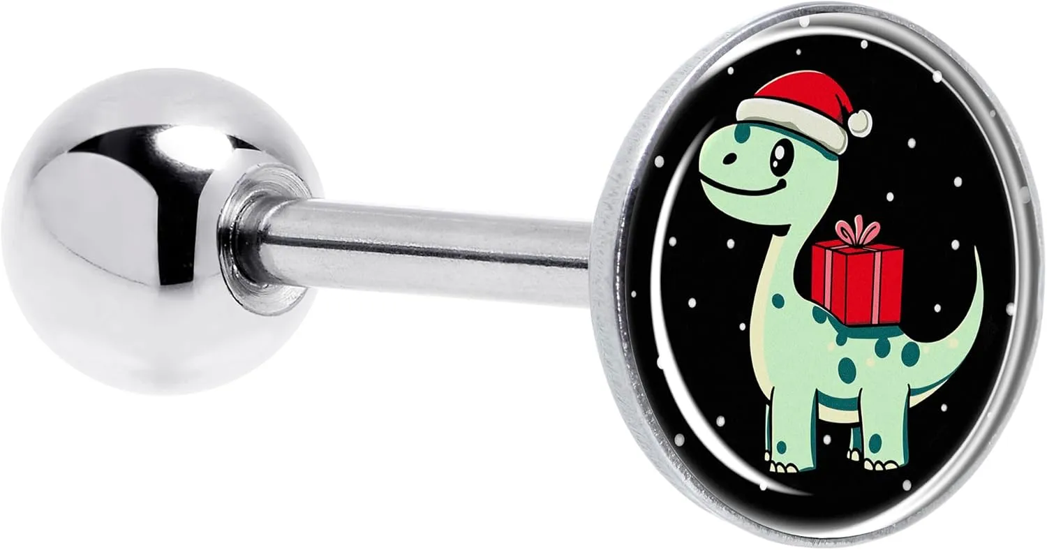 Body Candy 14G Christmas Tongue Ring - 316L Steel Straight Barbell Winter Holiday Dinosaur Tongue Piercing for Women Men